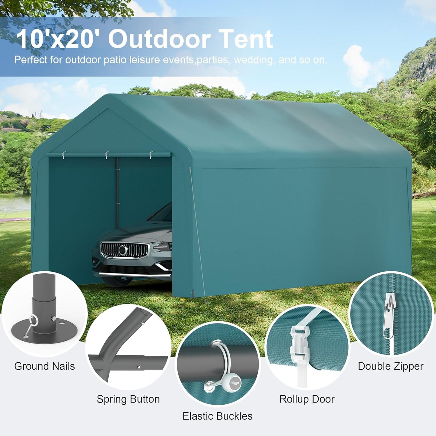 Carport, 10‘ x 20’ Heavy Duty Portable Garage All-Season Car Canopy w/Removable Sidewall & Doors, Carport Canopy Party Tent w/Water-Resistant Tarp for Backyard (Green, 10‘ x 20’)