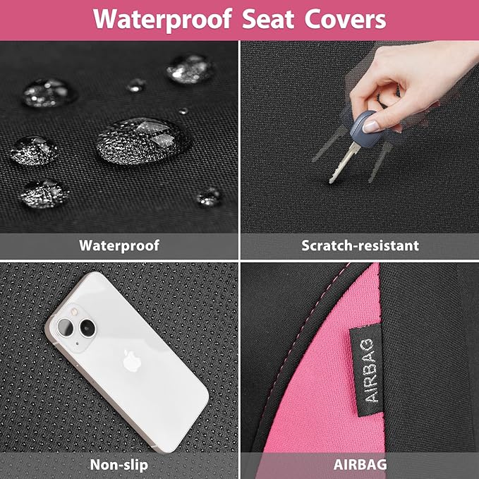 CAR PASS Waterproof Car Seat Covers Full Sets, Universal Fit Seat Covers for Cars, EVA Neoprene Seat Cover Set Full Sets, Interior Covers for Auto SUV,Vans,sedans, Trucks,(Black Pink)
