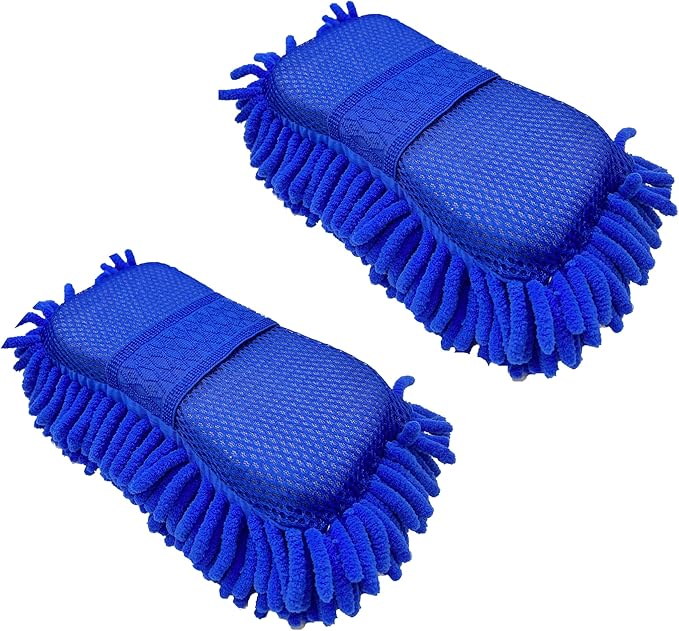 Microfiber Car Wash Sponge-Non-Scratch Wash Mitt-Two Sided Chenille Microfiber Washing Sponge-Mitt for Cars, Trucks, SUVs, Boats(2 Pack Blue)