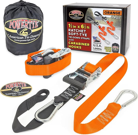 PowerTye 1.5in x 6.5ft Heavy Duty Ratchet Tie-Down Straps with Soft-Tye, Carabiner Hooks - 1,000 lb Working Load Limit / 3,000 lb Breaking Strength - Made in USA - Orange/Black Pair + Storage Bag