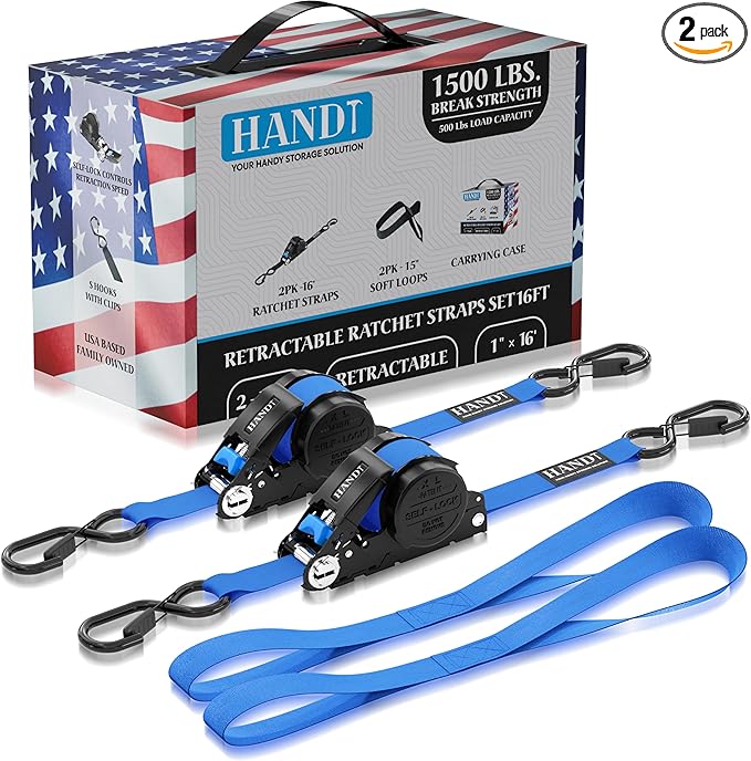 USA Based Retractable Ratchet Straps (2PK) 1in x 16ft - 1,500lb Break Strength, Heavy Duty Automatic Ratchet Straps Self Retractable Tie Down, Push Button Retracting Truck Trailer Cargo | Blue