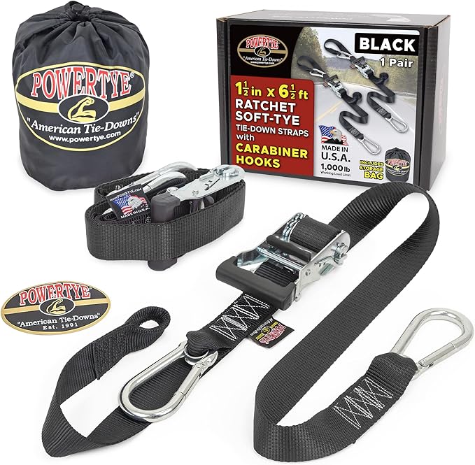 PowerTye 1.5 inch x 6.5ft Heavy Duty Ratchet Tie Down Straps with Carabiner Hooks, Soft-Tye & Storage Bag, for Motorcycle, ATV, Trailer & Cargo - 1,000 lb WLL - Made in USA - Black/Black Pair