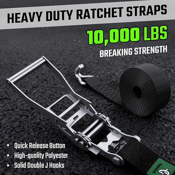 2" x20' Ratchet Straps with J Hooks - 10,000lb Break Strength/ 3,333lb Load Capacity Ratchet Tie Down Strap - Black Ratchet Straps Heavy Duty - Cargo Straps for Truck, Lawn Equipment, Car Roof-4 Pack