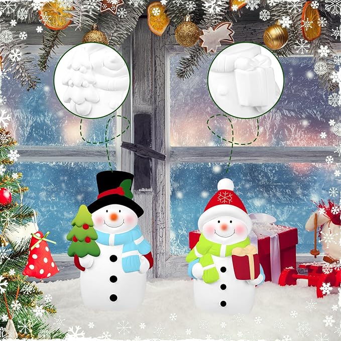 Seenelling 2 Pack Christmas Snowman Ceramics Ready to Paint Your Own Statues 4'' DIY Unpainted Figurines Kit Blank Paintable Ceramics Classroom Art and Crafts Decorations