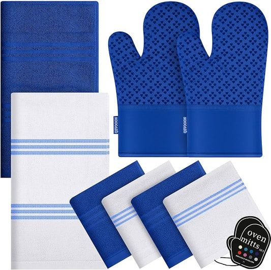 Dish Towels and Dishcloths with Oven Mitts Sets- 100% Cotton Tea Towels for Kitchen- 500 F Heat Resistant Oven Mittens 7.5"x12", Durable Dish Cloths 11.8"x11.8", Absorbent Dish Towels 13.5"x24"