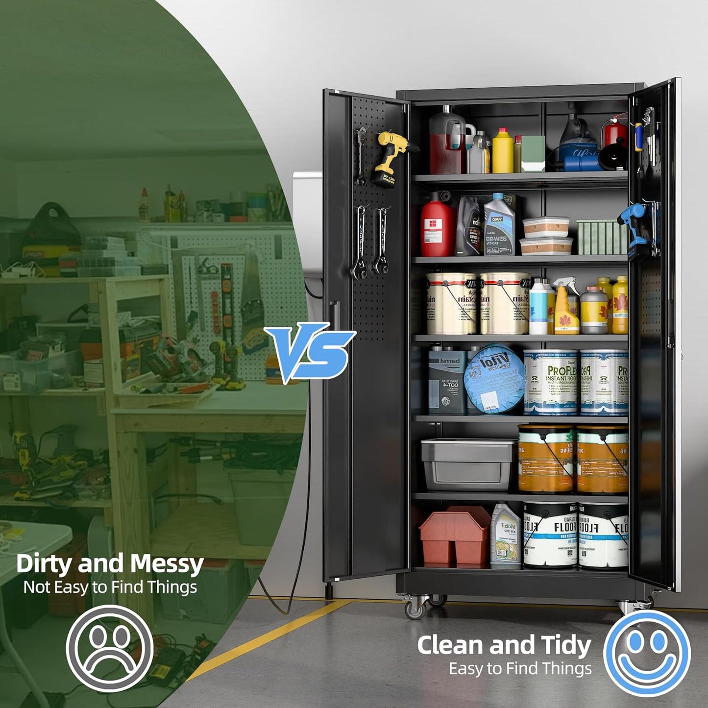 Metal Garage Storage Cabinet with Wheels and Pegboard 71'' x 34'' x 18'', Lockable Rolling Steel Cabinet with 5 Adjustable Shelves and Door for Garage, Office, Kitchen, Assembly Required(Black)