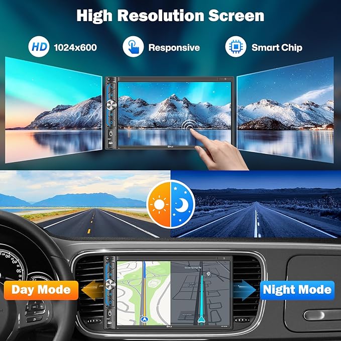PLZ 7" Wireless Double Din Car Stereo Apple Carplay Radio Screen for Car Audio Receivers, Bluetooth 5.3 Car Play Android Auto Touchscreen, 240W 4.2 CHN 2 Subwoofers Outputs, Backup Camera, SWC, FM/AM