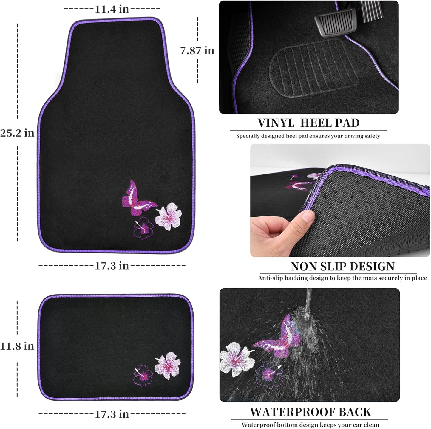 CAR PASS Universal Cloth Butterfly Car Seat Covers Full Set, Embroidered Flower Waterproof Car Floor Mats Carpet, Butterflies Steering Wheel Cover for Car Accessories Interior Sets (Black and Purple)