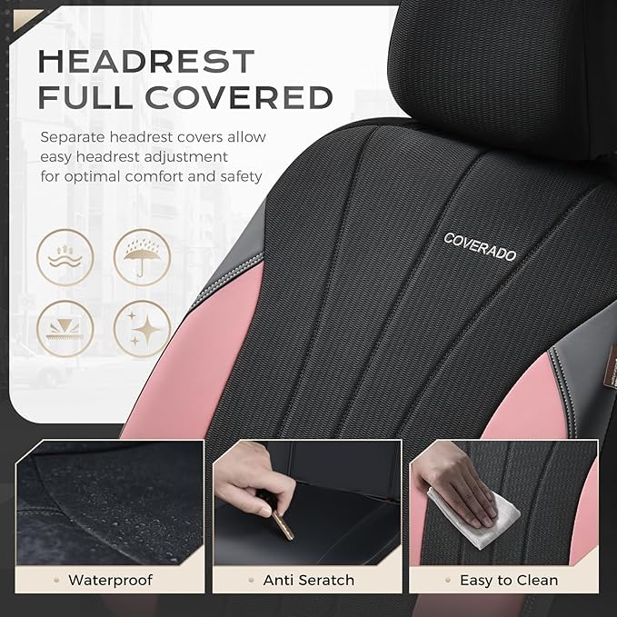 Coverado Automotive Seat Covers Front Seats, Luxury Car Seat Covers, Leather Seat Covers 2-Pack, Mesh Design, Pink Driver Seat Protectors, Universal Fit for SUVs, Trucks, Sedans