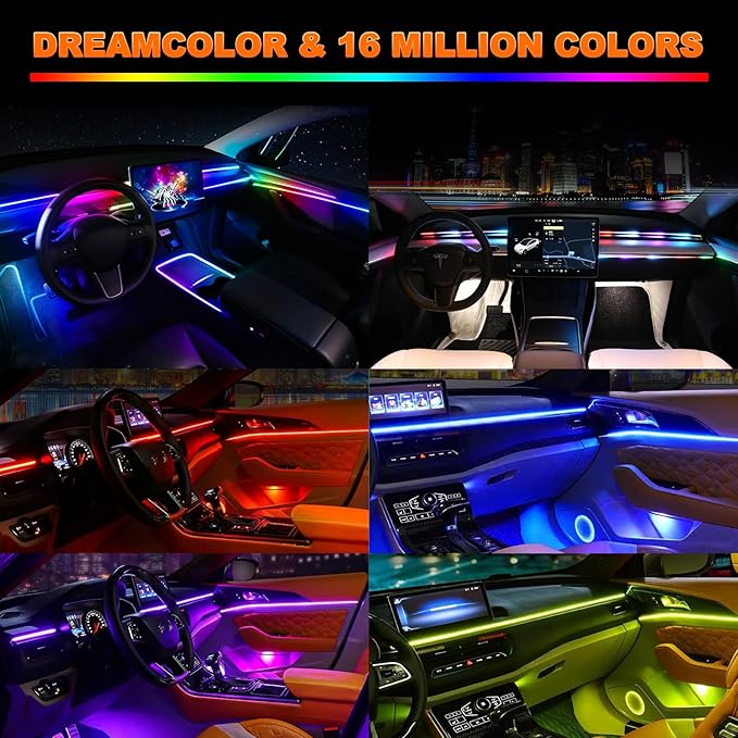 Interior Car LED Strip Lights, Acrylic LED Lights for Car with Dynamic Dreamcolor Chasing, Ambient Lighting Kits Music Sync Wireless APP and RF Remote Control (2 * 29.5'')