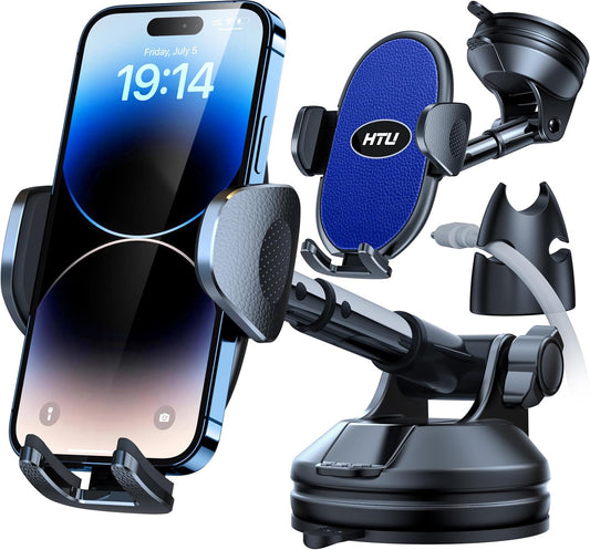 HTU 【Military-Grade Suction】 2025 Cell Phone Holder for Car【Flexible Telescopic Arm】 Car Phone Mount Stand for Dashboard Windshield for iPhone 16 Pro Max 15 14 13 12 Samsung Truck Jeep, Dark Blue