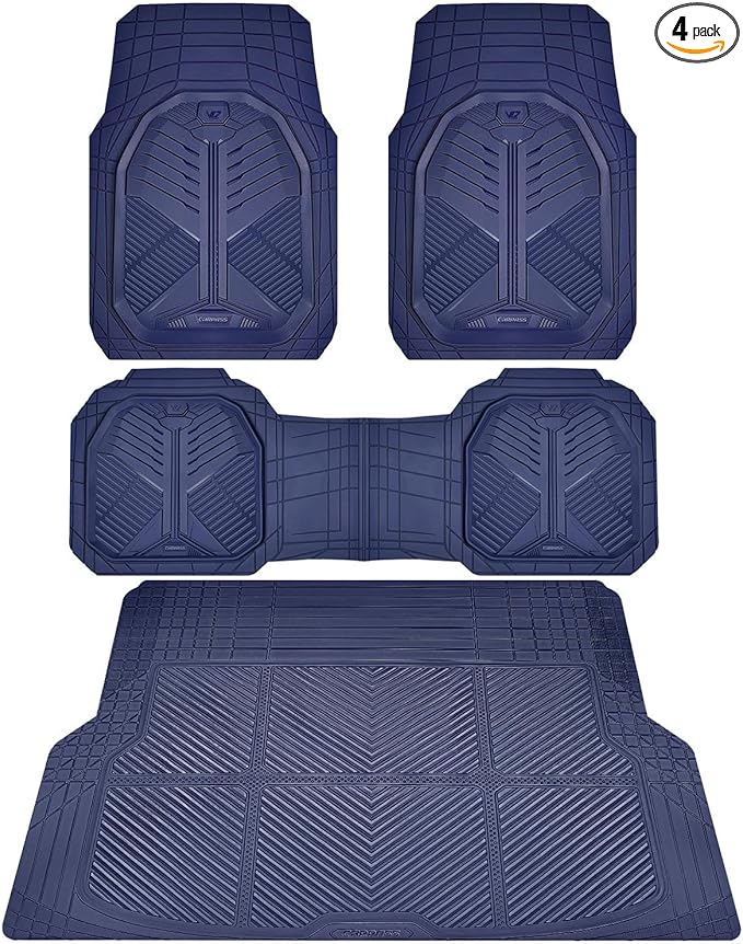 CAR PASS Heavy Duty Rubber Car Mats with Cargo Liner, Deep-Dish Car Floor Mats and Trunk Mat All Weather, Universal Trim-to-Fit for SUVs Trucks Sedans, Waterproof Anti-Slip, Trimmable V12 Blue