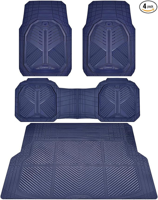 CAR PASS Heavy Duty Rubber Car Mats with Cargo Liner, Deep-Dish Car Floor Mats and Trunk Mat All Weather, Universal Trim-to-Fit for SUVs Trucks Sedans, Waterproof Anti-Slip, Trimmable V12 Blue
