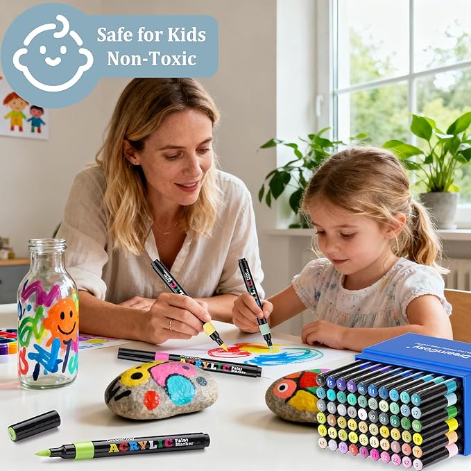 60 Colors Acrylic Markers Set,Brush Tip Acrylic Paint Pens for Painting on Rocks, Canvas, Ceramic, Wood, Glass - Perfect for Artists, Kids and Adults - DIY Crafts, Holiday Decorations & Art Supplies