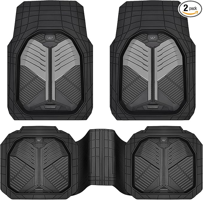 CAR PASS Heavy Duty Rubber Car Mats, Deep-Dish Car Floor Mats All Weather, Universal Two-Tone Trim-to-Fit for SUVs Trucks Sedans, Waterproof Anti-Slip, 3 Pieces V12 Black & Metallic Gray