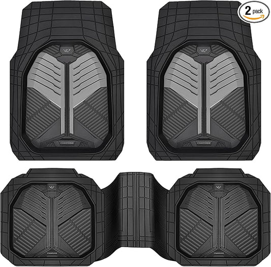 CAR PASS Heavy Duty Rubber Car Mats, Deep-Dish Car Floor Mats All Weather, Universal Two-Tone Trim-to-Fit for SUVs Trucks Sedans, Waterproof Anti-Slip, 3 Pieces V12 Black & Metallic Gray