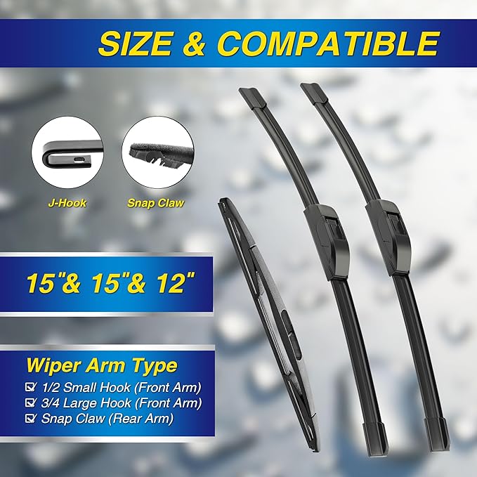 5 PLUS® Windshield Wiper Blades Replacement for 2017-2007 Jeep Wrangler Windshield Wipers (Pack of 3), Automotive Replacement Windshield Wiper Blades For My Car Water Repellent-15"/15"/12"