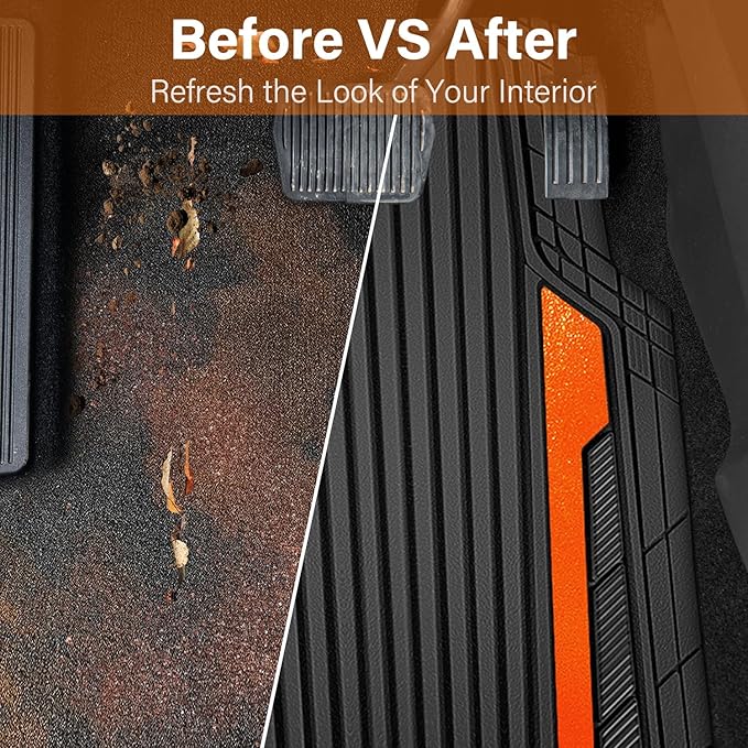 CAR PASS Heavy Duty Rubber Car Mats Metallic, Aluminum Film All Weather Floor Mats Waterproof Universal Trim to Fit SUVs Sedans Vans 4 Piece Anodized Deep Dish Two-Tone Sporty Black Orange Chrome