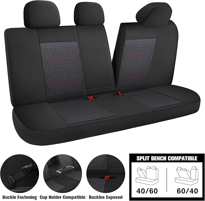 CAROMOP Premium PU Leather&Flannel Car Seat Covers Full Seats,Split Bench Compatible Car Interior Covers, Universal Fit Most Car Sedan Truck SUV(5-Seat Black/Red)