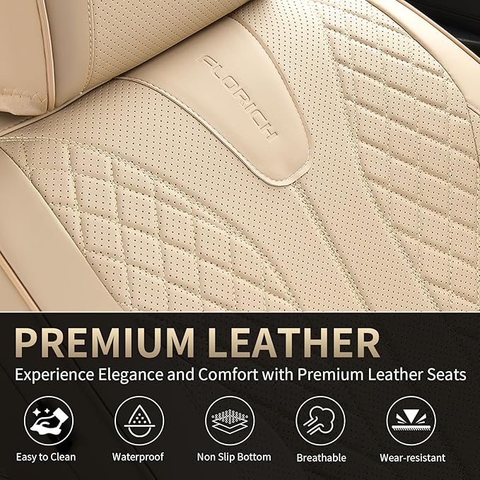 FLORICH Front Seat Covers, Leather Car Seat Covers Luxury Automotive Seat Covers Waterproof Car Seat Protectors Universal Fit for Most Cars SUV Trucks Vehicles, Beige