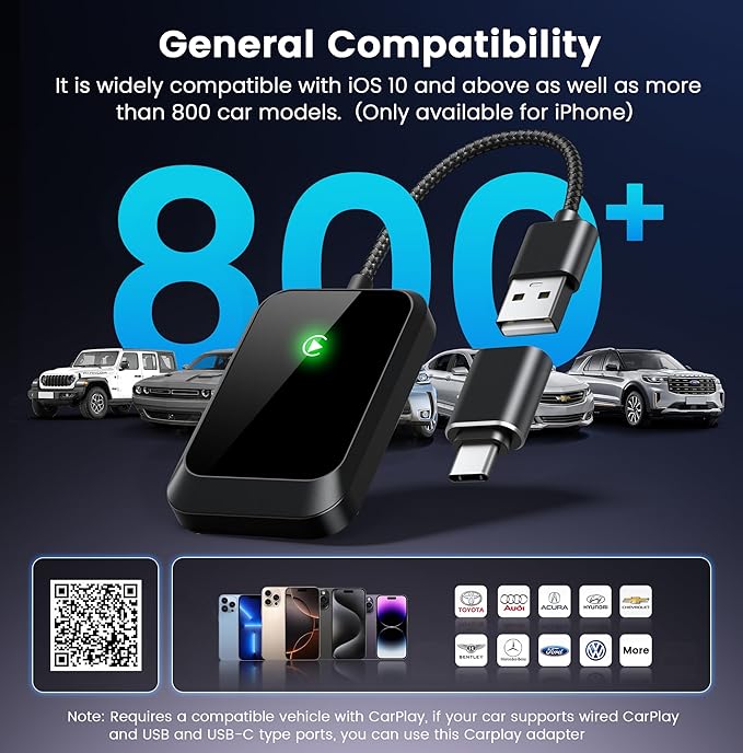 Wireless CarPlay Adapter: Wireless Conversion for iPhone – Plug-and-Play Connectivity with USB-A Extension & USB-C Connector, Zero Latency, Compatible with 2016+ Cars & iOS 10+