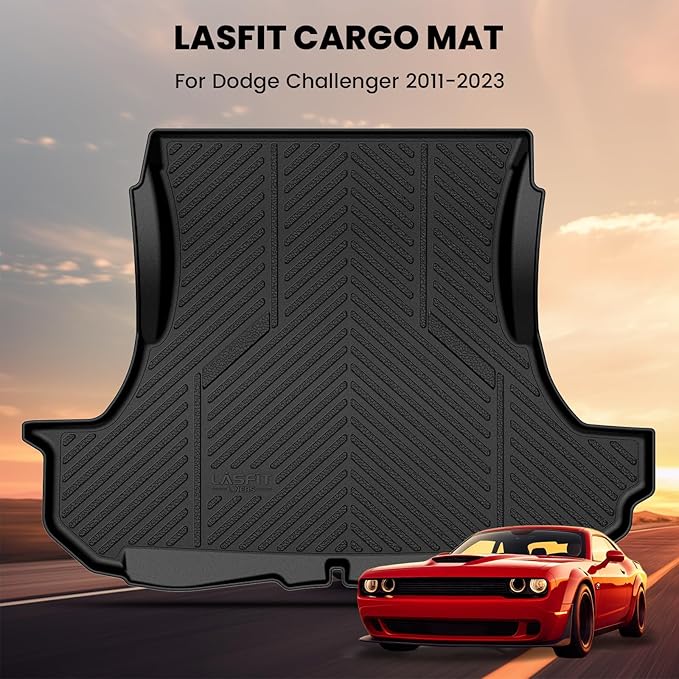 LASFIT Cargo Mats for Dodge Challenger 2011 2012 2013 2014 2015 2016 2017 2018 2019 2020 2021 2022 2023, All Weather TPE Custom Fit Trunk Mats Cargo Liners, Black