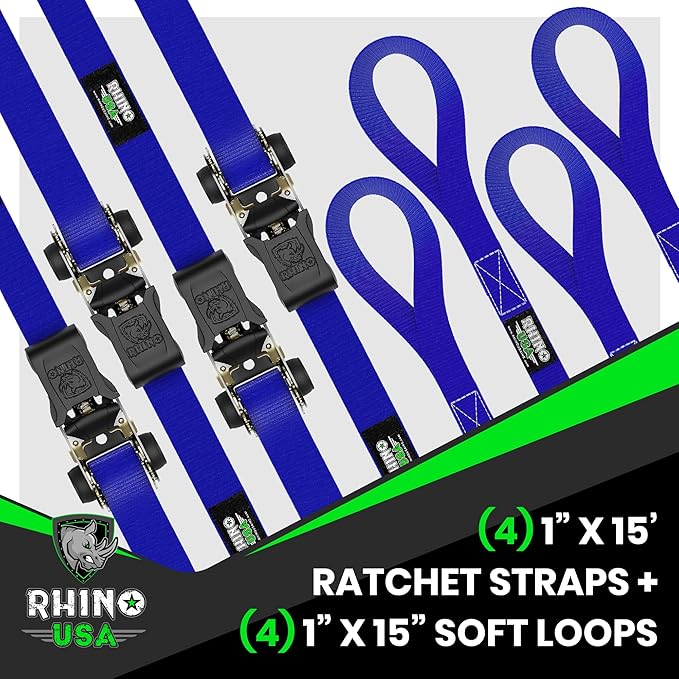 Rhino USA Ratchet Straps Tie Downs (4-Pack) - 1 Inch x 15 Feet (1,823lb Break Strength) - Ultimate Tie Down Straps with Safety S Hooks - for Trucks, Cargo, Moving, Appliances - Blue