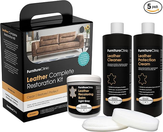 Furniture Clinic Leather Complete Restoration Kit | with Leather Recoloring Balm, Cleaner, 2-in-1 Protection Cream & Conditioner, Sponge, and Cloth | Repair Kit for Furniture (Light Grey)