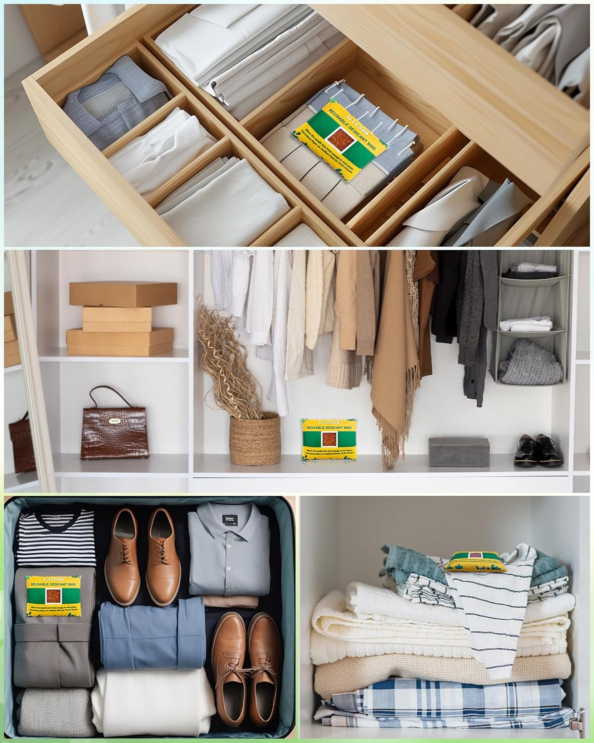 Rechargeable Desiccant Pack 6 x 500g, Moisture Absorber with Transparent Indicator Window, Desiccant Dehumidifier for Closet, Basement, Gun Safe, RV,Garage & Storage