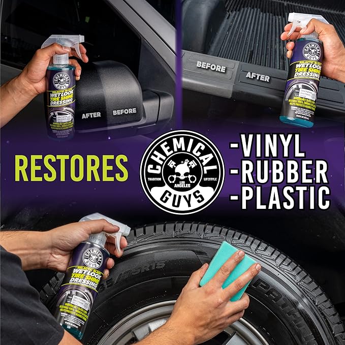 Chemical Guys Galactic Black Wet Look Tire Shine Dressing – High Gloss Spray for Tires, Trim and Rubber – Restores Deep Black Shine and Protection for Cars, Trucks, Motorcycles and RVs, 16 oz