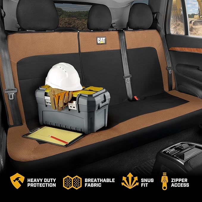 CAT MeshFlex Beige & Black Rear Seat Cover for Car – Durable Canvas & Mesh Design 60/40 Split Bench Protector for Cars, Trucks & SUVs – Back Seat Cover for Rear Bench – Interior Car Accessory