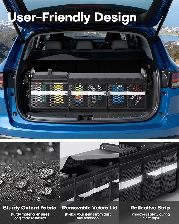 HOTOR Trunk Organizer - 3-Compartment Car Organizer and Storage with Cooler Bag, Foldable Car Storage Organizer for SUV with Handles & Strap for Shopping, Picnic, 33.1" x 13.0" x 11.8", Black