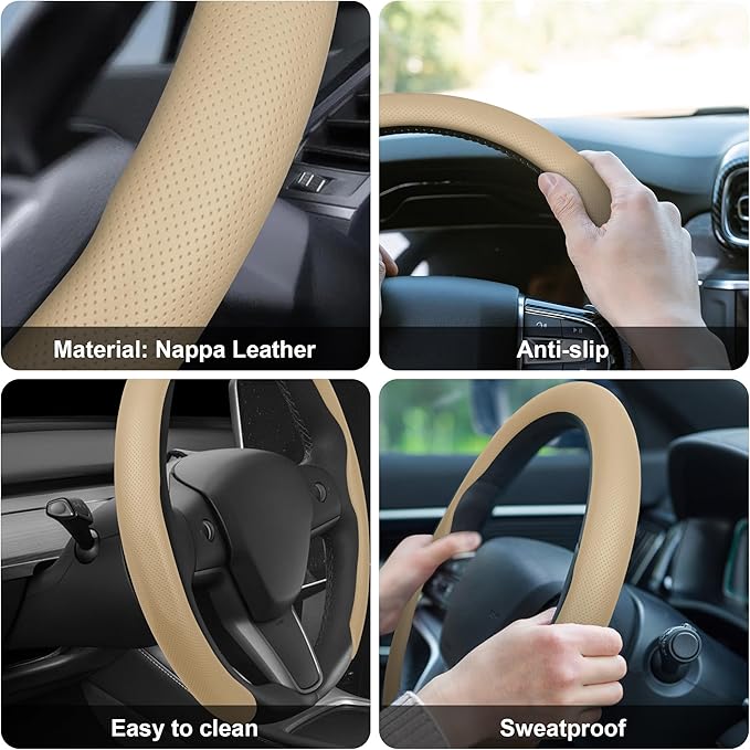 frani Nappa Leather Steering Wheel Cover, Universal 15 Inch Premium Non-Slip Steering Wheel Cover Beige