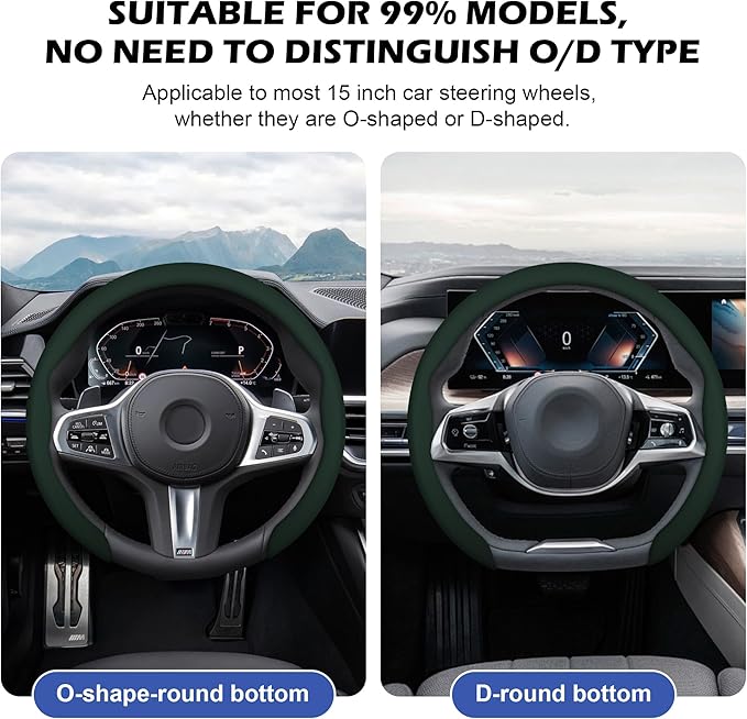 frani Nappa Leather Steering Wheel Cover, Universal 15 Inch Premium Non-Slip Steering Wheel Cover Black Green