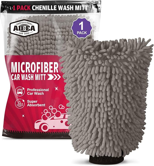 AIDEA Car Wash Mitt Microfiber, 1PK Scratch Free Lint-Free, Premium Chenille Microfiber Sponge Mitt Car Wash Brush, Grey, Regular Size 7.12''X10.14''