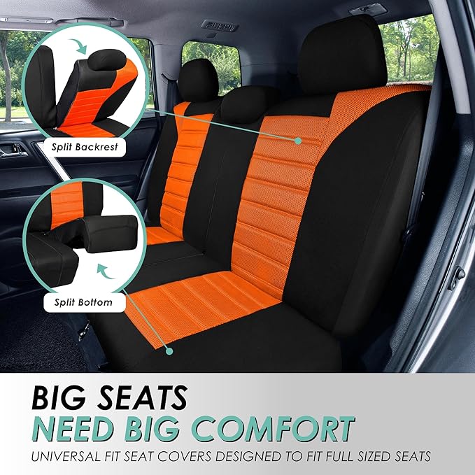 FH Group Automotive Car Seat Covers Full Set Premium 3D Air Mesh Front Seat Covers, Airbag Compatible & Split Bench Cover Universal Fit Interior Accessories for Cars Trucks and SUVs - Orange