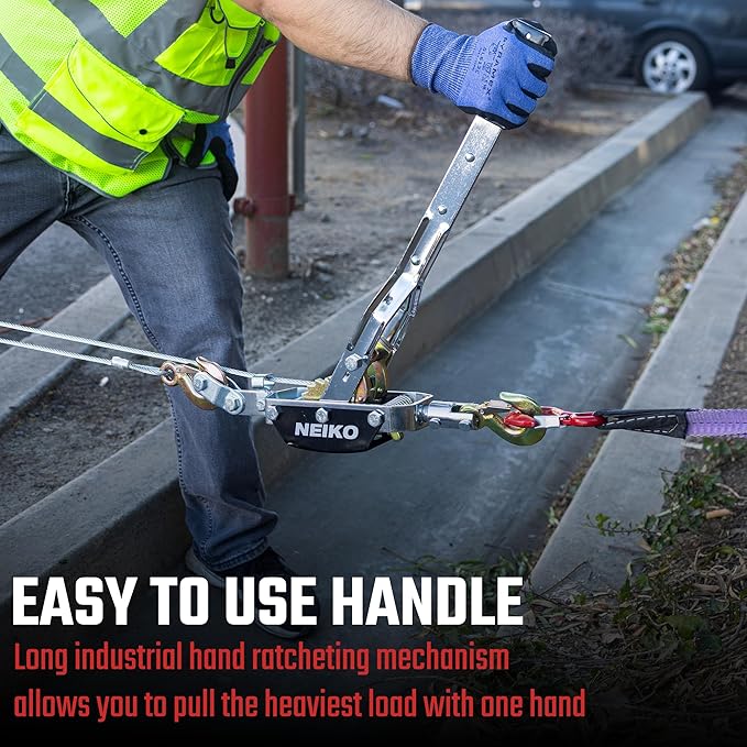 NEIKO 02254A Come Along Winch, 4-Ton (8,000lbs) Pulling Capacity, 9.8Ft, 3 Hook, Heavy Duty Power Cable Come Along Tool with Dual Gears, Hand Winch Cable, Automotive Hoist Winch Puller, Recovery Gear