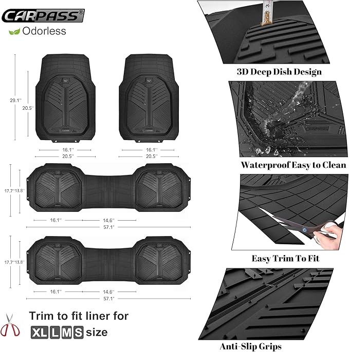 CAR PASS Heavy Duty Rubber Car Mats, Deep-Dish All Weather 3 Row Car Floor Mats for 7 Seater 8 Seats 2nd & 3rd Row, Waterproof Anti-Slip Universal Trim-to-Fit for SUV, MPV, 7 Passengers Vehicle