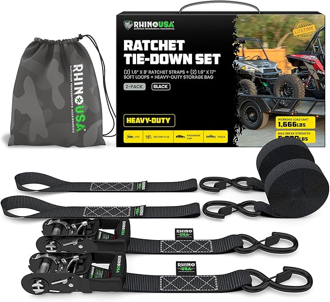 RHINO USA Ratchet Straps Tie Down Kit, 5,208 Break Strength - Includes Heavy Duty Rachet Tiedowns with Padded Handles & Coated Chromoly S Hooks + Soft Loop Tie-Downs