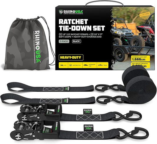 RHINO USA Ratchet Straps Tie Down Kit, 5,208 Break Strength - Includes Heavy Duty Rachet Tiedowns with Padded Handles & Coated Chromoly S Hooks + Soft Loop Tie-Downs