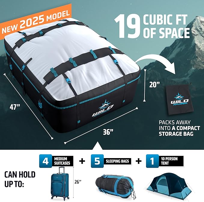 Rooftop Cargo Carrier - 19 Cubic Feet (XL), Waterproof Soft Shell Car Roof Cargo Carrier, Heavy Duty Car Top Luggage Cargo Bag with Patented Door Hooks and Non-Slip Mat