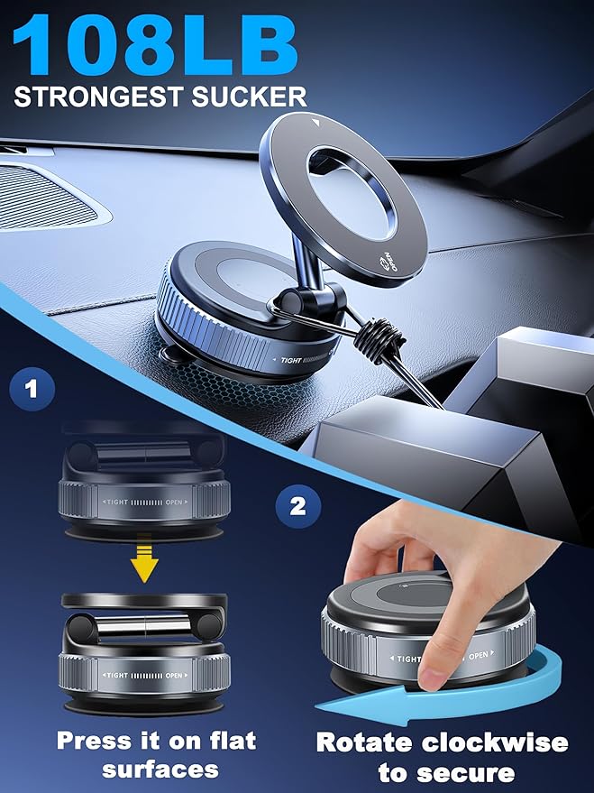 Upgraded 360° Nano Gel Vacuum Magnetic Phone Holder, Car Phone Holder for Magsafe[108+LBS Strongest Suction & 3000gf Strongest Magnetic], Suction Cup Phone Mount for Car/for iPhone 17 Pro Max