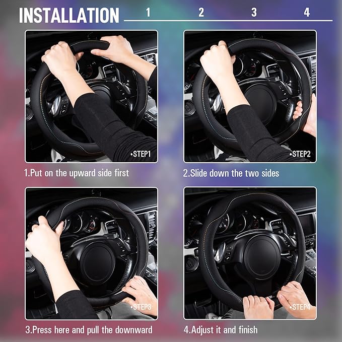 CAR PASS Colour Piping Leather Universal Fit Steering Wheel Cover,Perfectly fit for 14.5-15 inches for Various Vehicles Suvs,Vans,Trucks,Sedans,Cars(Black Multicolor)