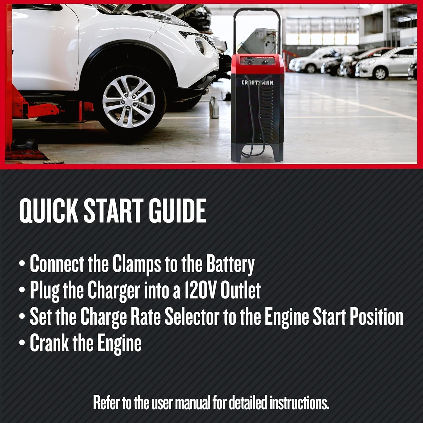 CRAFTSMAN Wheeled Battery Charger and Engine Starter, CMXCESM233, 2-in-1 Manual Timer Controlled, 250 Cranking Amps, 6 Volt, 12 Volt, for Car, SUV, Truck, and Marine Batteries