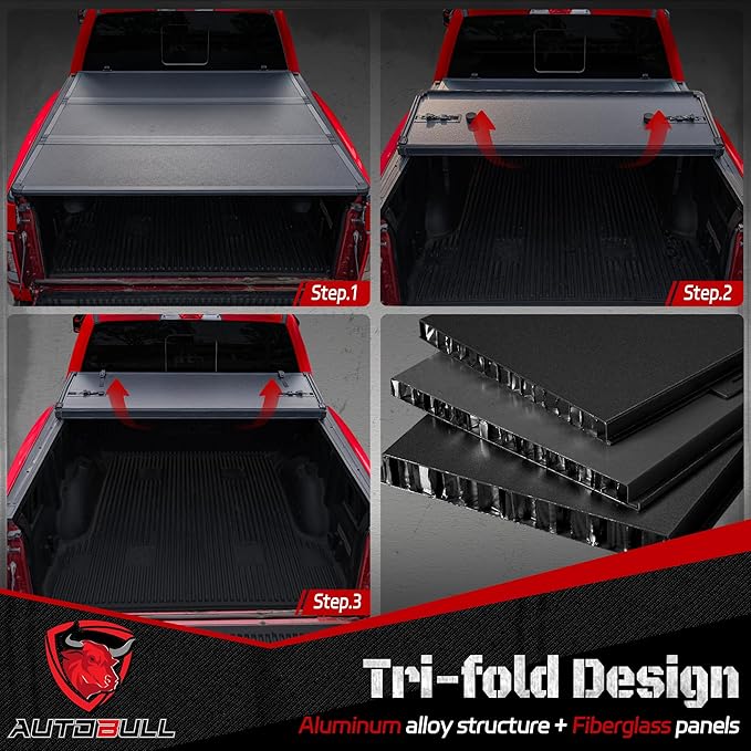 Hard Top Tri Fold tonneau Cover Compatible with 2007-2021 Toyota Tundra(Excl. Trail Edition) 5.5ft Bed (66.7"), Alloy Steel and Fiberglass Made