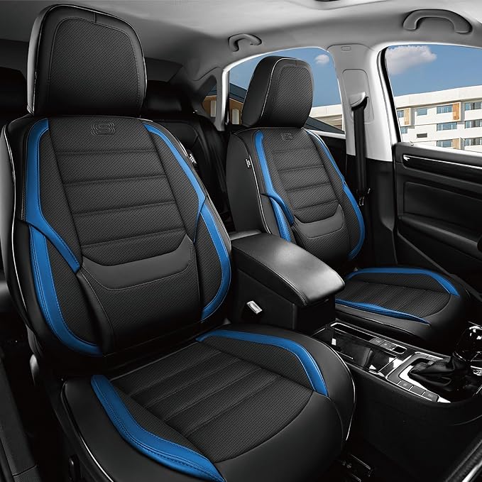 Skechers Seat Covers,Memory Foam Leather Car Seat Covers,Waterproof Car Seat Protector Full Sets,Car Seat Cushion Airbag Automotive Universal Fit for Most Cars,Vans,Trucks,SUV,Blue