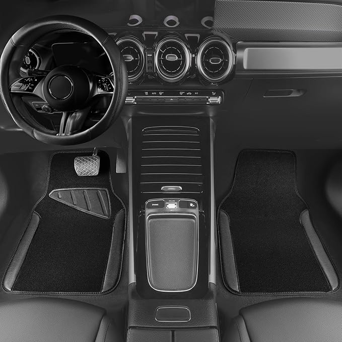 CAR PASS Microfiber Leather Steering Wheel Cover and Waterproof Car Floor Mats,Universal Car Combo Fit for 95% Sedan,SUV,Cars,14.5-15inch Anti-Slip Safety Comfortable Faux Leather Design(Solid Black)