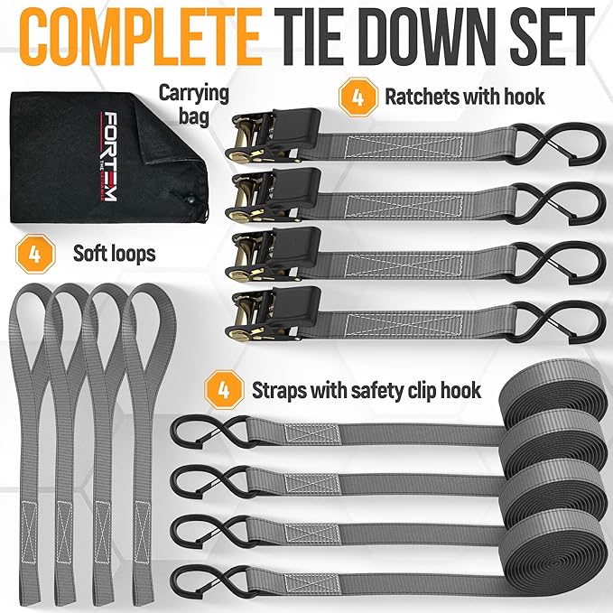 FORTEM Ratchet Straps, Tie Down Strap Set 2300lb Break Strength, 4 Pack 15ft x 1in, 4 Soft Loops, Moving Straps Tie Downs, Cargo Cam Buckles for Trucks, Carry Bag, for Men