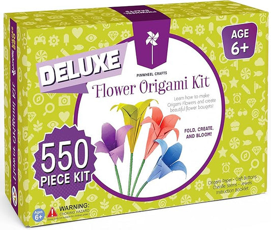 Pinwheel Crafts Flower Origami Kit for Kids Ages 8-12 | 550 Pcs Origami Paper Kit w/Multicolor Folding Papers, Chenille Stems,Buttons and Jewels, Arts and Crafts Paper Book for Kids Ages 6+