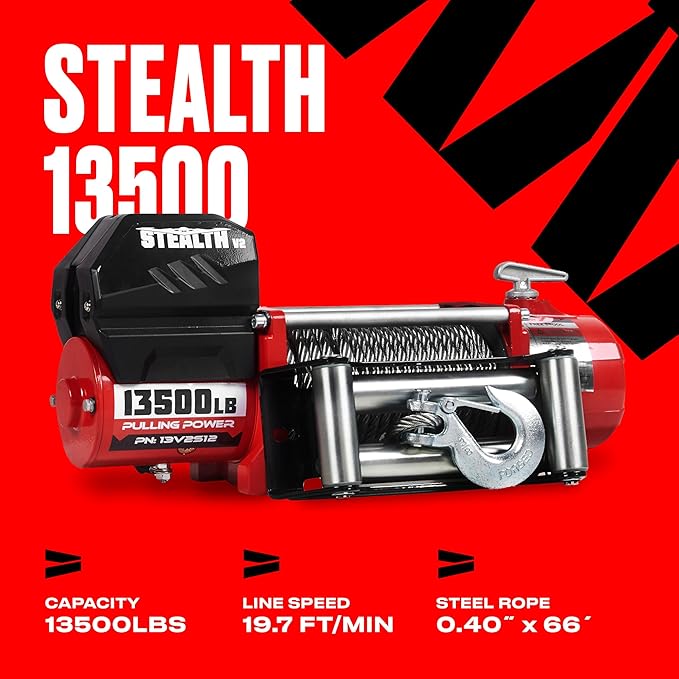 Stealth Winches 13500lb Truck Winch 12V Electric Winch with 2 Wireless remotes and Steel Rope, Perfect for SUV Towing Trailer Winch, Hook, Weatherproof, with Roller Fairlead, Heavy Duty